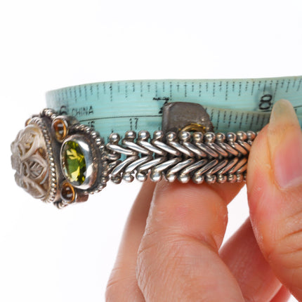 7" Stephen Dweck sterling silver Peridot, Citrine carved gemstone link bracelet