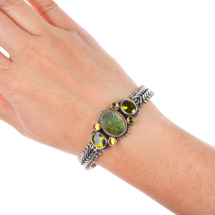 7" Stephen Dweck sterling silver Peridot, Citrine carved gemstone link bracelet