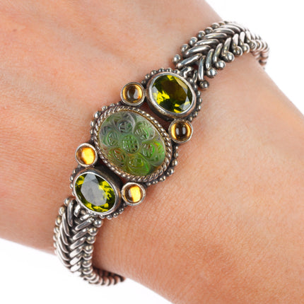 7" Stephen Dweck sterling silver Peridot, Citrine carved gemstone link bracelet