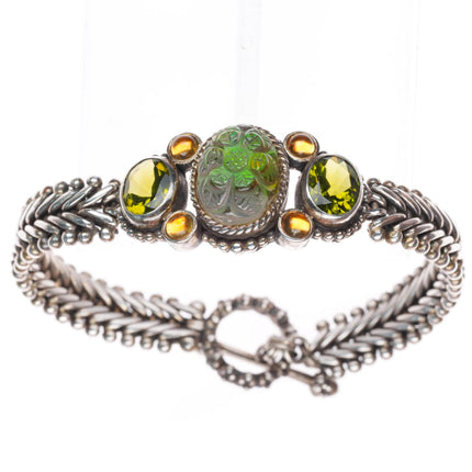 7" Stephen Dweck sterling silver Peridot, Citrine carved gemstone link bracelet