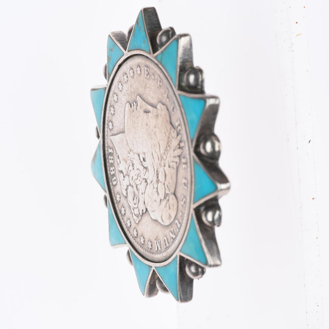 1940's-50's vintage Zuni sterling turquoise inlay 1889 silver dollar pin/brooch