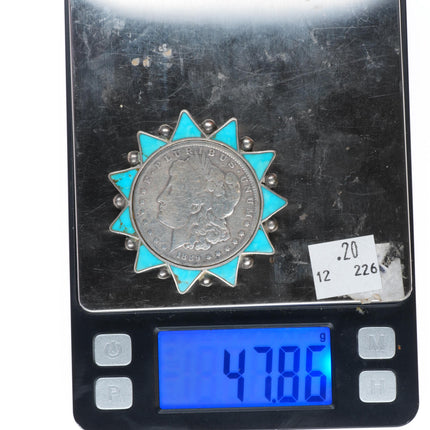 1940's-50's vintage Zuni sterling turquoise inlay 1889 silver dollar pin/brooch