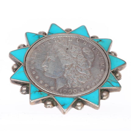 1940's-50's vintage Zuni sterling turquoise inlay 1900 silver dollar pin/brooch