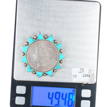 1940's-50's vintage Zuni sterling turquoise inlay 1900 silver dollar pin/brooch