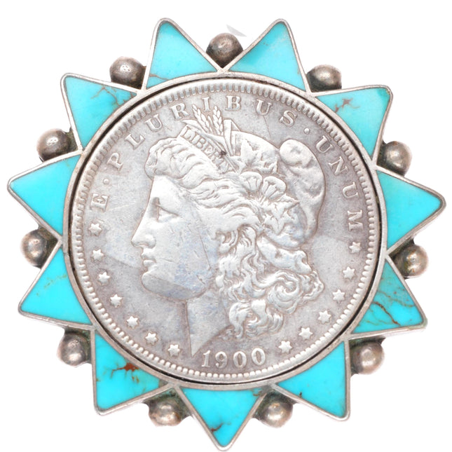1940's-50's vintage Zuni sterling turquoise inlay 1900 silver dollar pin/brooch