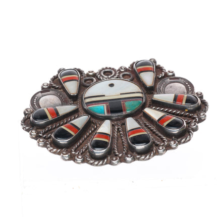 c1950 Large Zuni sterling silver mosaic inlay shell/turquoise/coral sunface pin