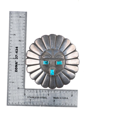c1940's big vintage Navajo sterling silver sunface pin with turquoise eyes