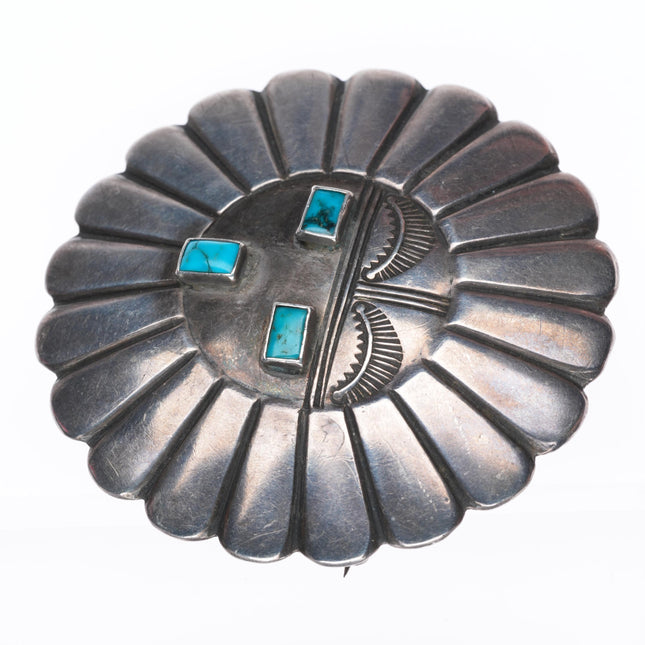 c1940's big vintage Navajo sterling silver sunface pin with turquoise eyes