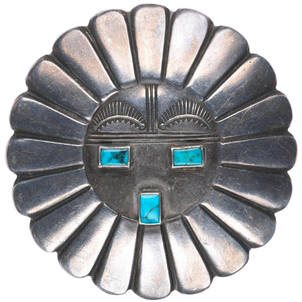 c1940's big vintage Navajo sterling silver sunface pin with turquoise eyes