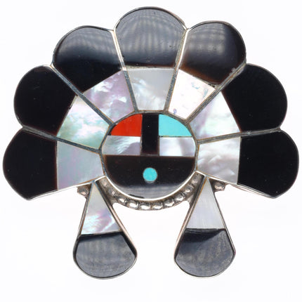 Vintage Zuni sterling silver channel inlay sunface/ Indian chief pendant/pin