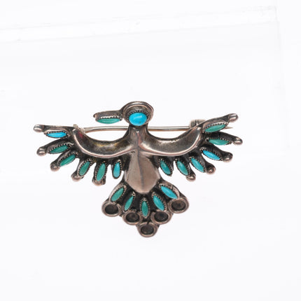 c1940 Vintage Zuni sterling silver needlepoint turquoise thunderbird pin/brooch