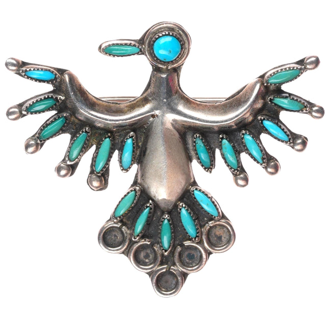 c1940 Vintage Zuni sterling silver needlepoint turquoise thunderbird pin/brooch