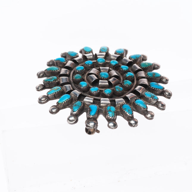 c1940 Vintage Zuni sterling silver petit point turquoise cluster pin/brooch