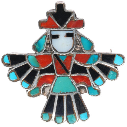 Frank Vacit Zuni sterling silver coral/turquoise mosaic inlay knifewing pin