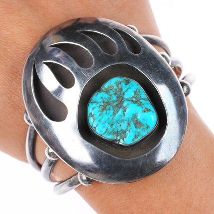 6.4" heavy vintage Navajo sterling silver turquoise bear paw cuff bracelet