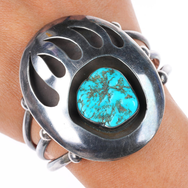 6.4" heavy vintage Navajo sterling silver turquoise bear paw cuff bracelet