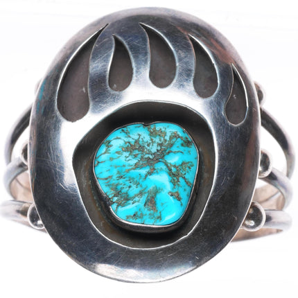 6.4" heavy vintage Navajo sterling silver turquoise bear paw cuff bracelet