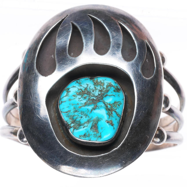 6.4" heavy vintage Navajo sterling silver turquoise bear paw cuff bracelet
