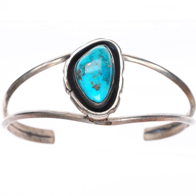 6.3" vintage Navajo sterling silver shadowbox cuff bracelet with nice turquoise