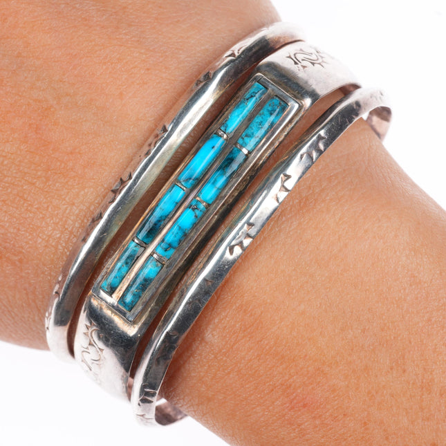 6.4" vintage Zuni sterling silver turquoise inlay carinated  cuff bracelet