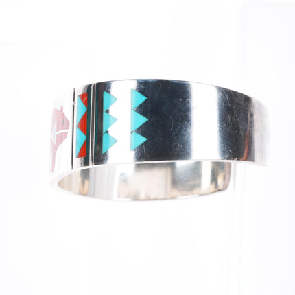 6.4" RN Laconsello Zuni sterling silver turquoise/coral inlay bear cuff bracelet