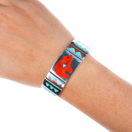 6.4" RN Laconsello Zuni sterling silver turquoise/coral inlay bear cuff bracelet