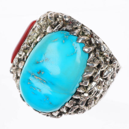 sz10 Lee & Mary Weebothee Zuni Sterling silver turquoise and coral men's ring