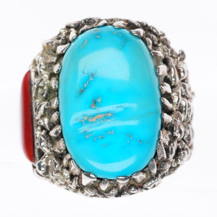 sz10 Lee & Mary Weebothee Zuni Sterling silver turquoise and coral men's ring