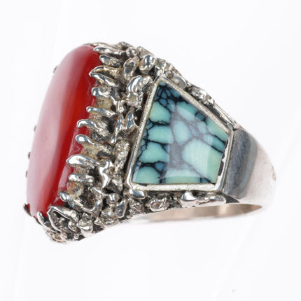sz11.5 Lee & Mary Weebothee Zuni Sterling silver variscite and coral men's ring