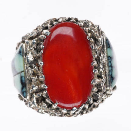 sz11.5 Lee & Mary Weebothee Zuni Sterling silver variscite and coral men's ring