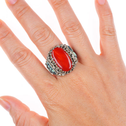 sz11.5 Lee & Mary Weebothee Zuni Sterling silver variscite and coral men's ring
