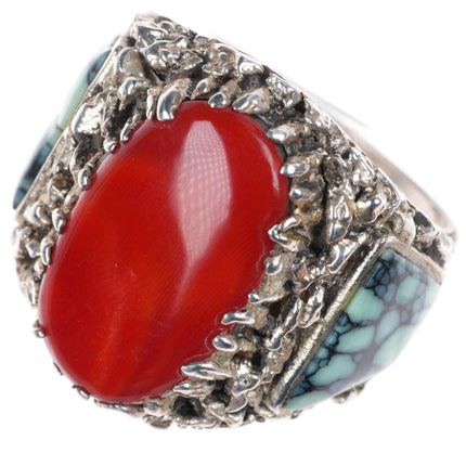 sz11.5 Lee & Mary Weebothee Zuni Sterling silver variscite and coral men's ring