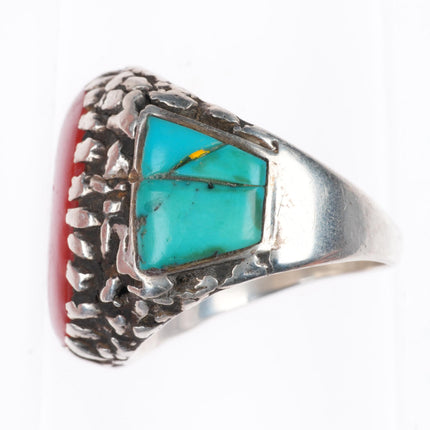 sz10 Lee & Mary Weebothee Zuni Sterling silver coral/turquoise inlay men's ring