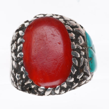 sz10 Lee & Mary Weebothee Zuni Sterling silver coral/turquoise inlay men's ring