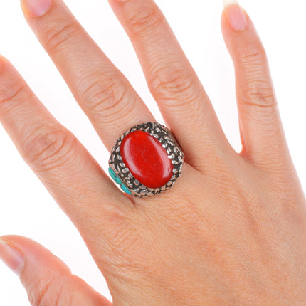 sz10 Lee & Mary Weebothee Zuni Sterling silver coral/turquoise inlay men's ring