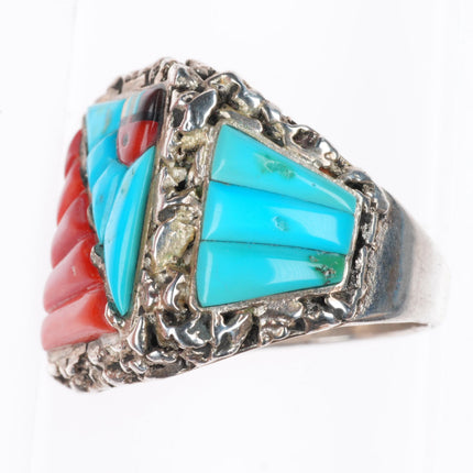 sz12 Lee & Mary Weebothee Zuni Sterling silver coral/turquoise inlay men's ring
