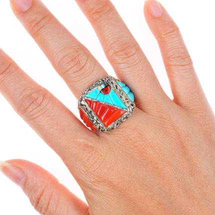 sz12 Lee & Mary Weebothee Zuni Sterling silver coral/turquoise inlay men's ring