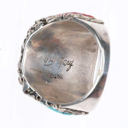 sz12 Lee & Mary Weebothee Zuni Sterling silver coral/turquoise inlay men's ring