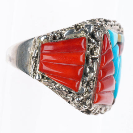 sz12 Lee & Mary Weebothee Zuni Sterling silver coral/turquoise inlay men's ring