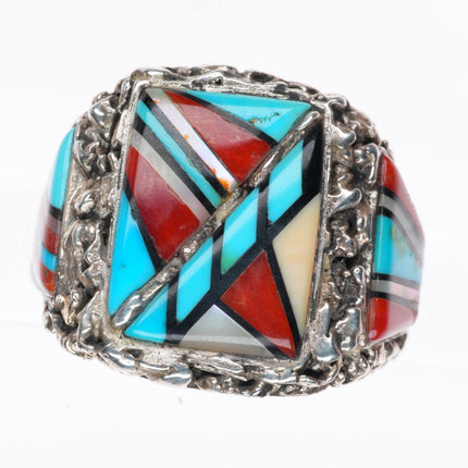 sz12 Lee & Mary Weebothee Zuni Sterling silver coral/turquoise/shell men's ring