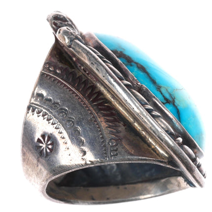 sz10 huge vintage Navajo sterling silver turquoise ring stamped sides