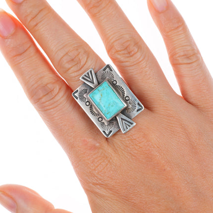 sz10 retro southwestern sterling silver turquoise ring with stamped design
