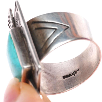 sz10 retro southwestern sterling silver turquoise ring with stamped design