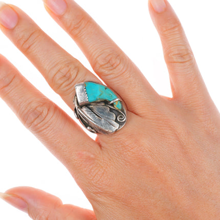 sz7.5 vintage R Navajo sterling silver carved turquoise claw ring