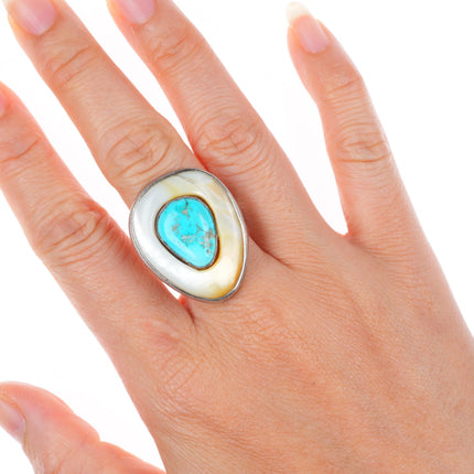 sz9 vintage Native American sterling silver turquoise and shell modernist ring