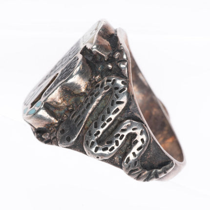 sz9 vintage Zuni sterling silver channel inlay eagle ring with snakes on sides