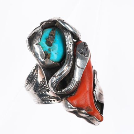 sz8.5 Dan Simplicio Zuni sterling silver branch coral, turquoise snake ring