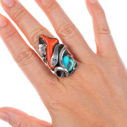 sz8.5 Dan Simplicio Zuni sterling silver branch coral, turquoise snake ring