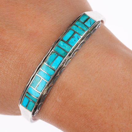 6.25" vintage Zuni sterling silver channel inlay stamped edge cuff bracelet