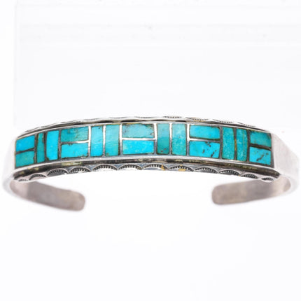 6.25" vintage Zuni sterling silver channel inlay stamped edge cuff bracelet